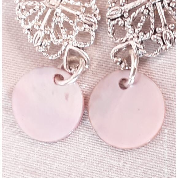 Silver Tone Filagree Dangle Drop Earrings Tiny Pink Stones - Picture 8 of 9